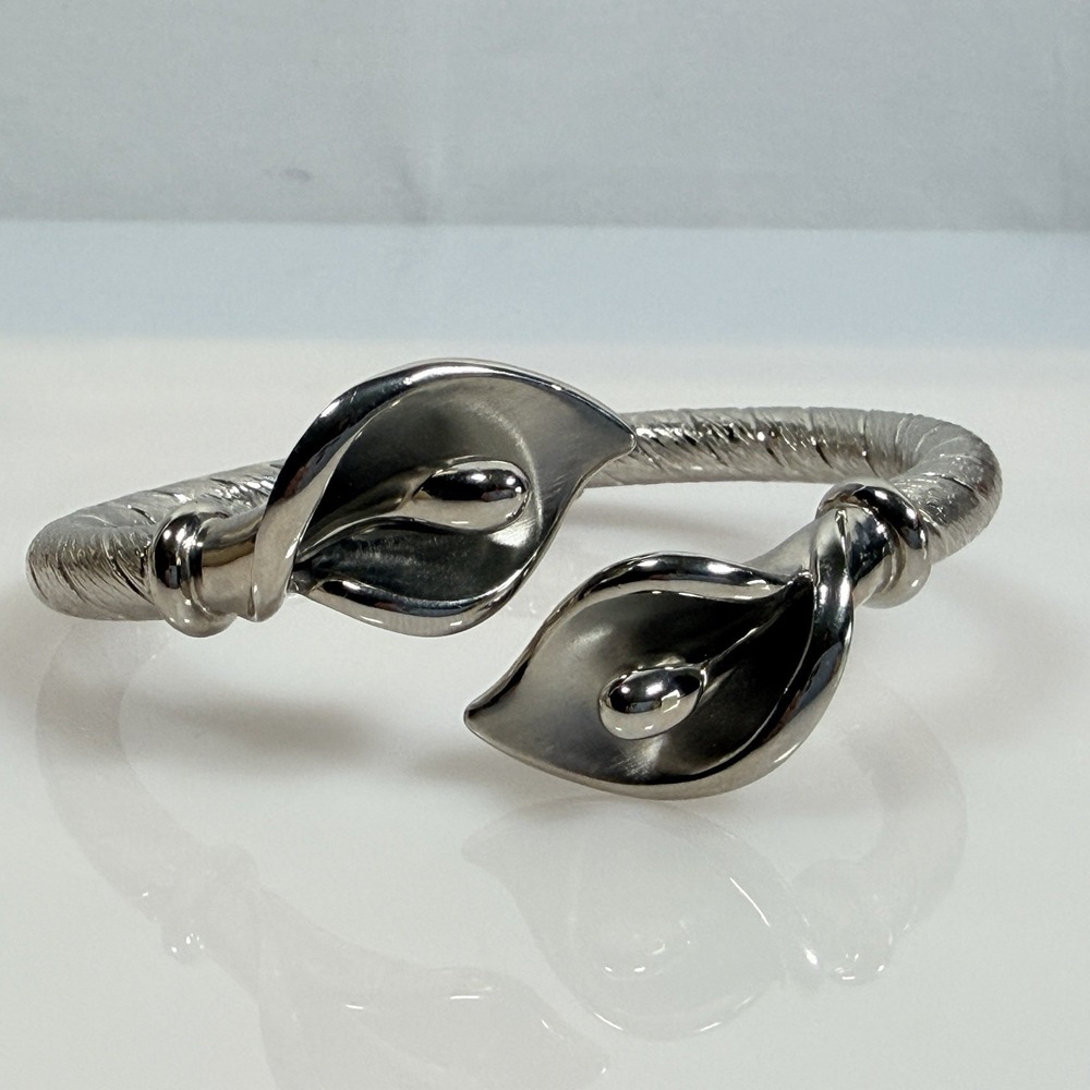 QVC Bypass Bracelet Calla Lily Bangle Silver Tone Stainless Steel T&T Size 6.5